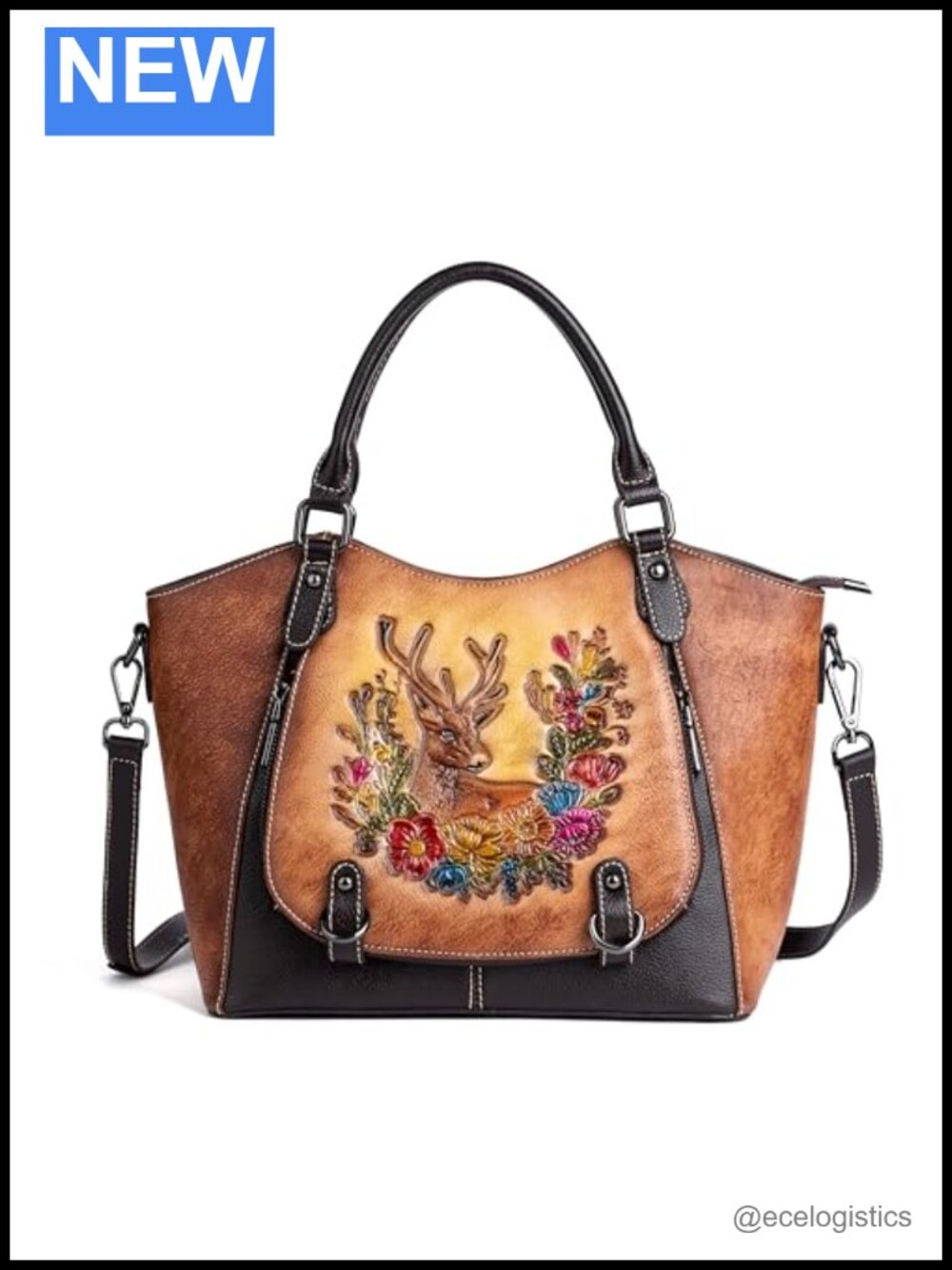 Vintage Genuine Leather Satchel Handbag Hand-Embossed Floral Deer Top Handle